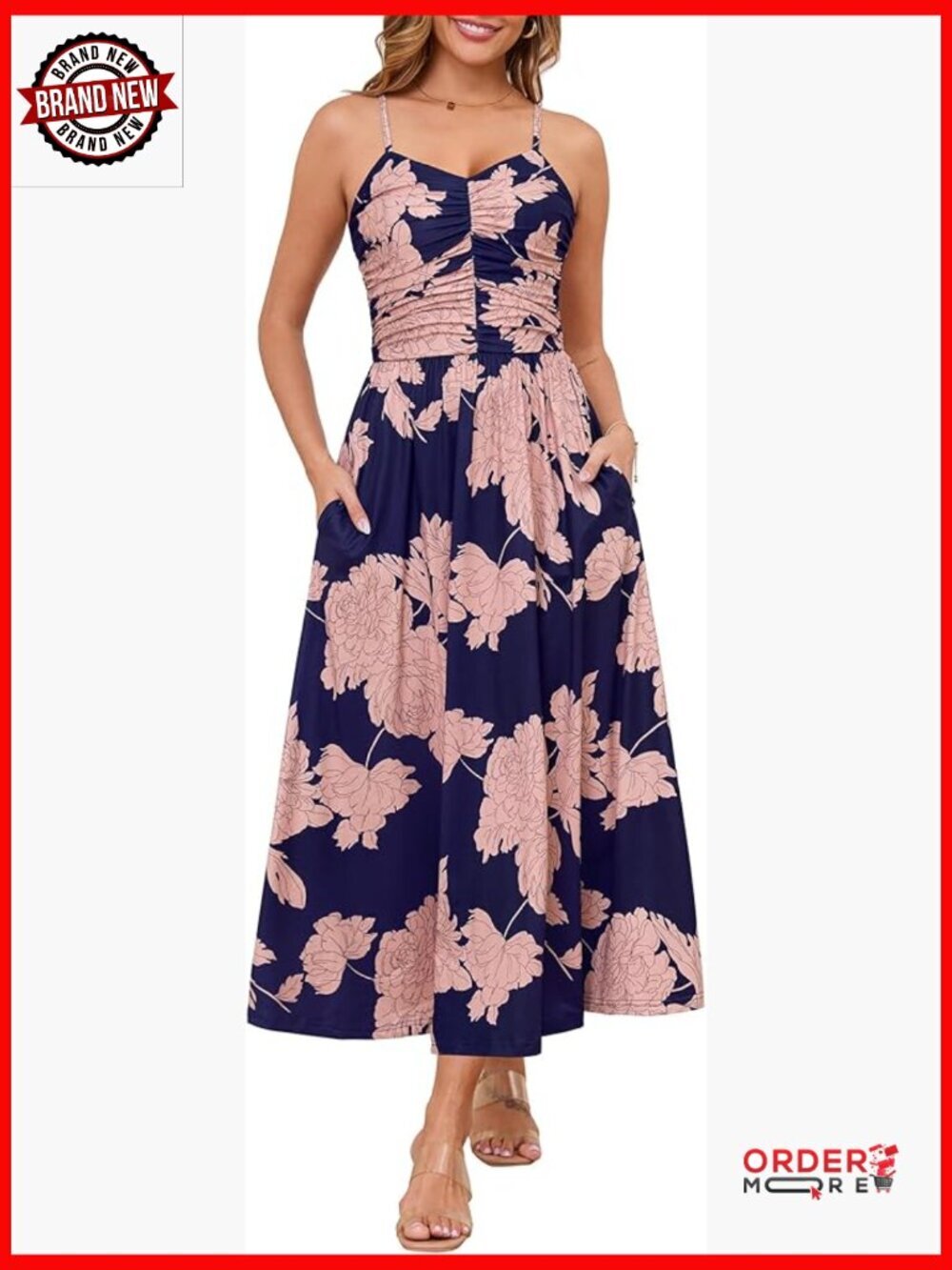 Adjustable Spaghetti Strap Ruched Maxi Dress with Pockets Sleeveless A-Line